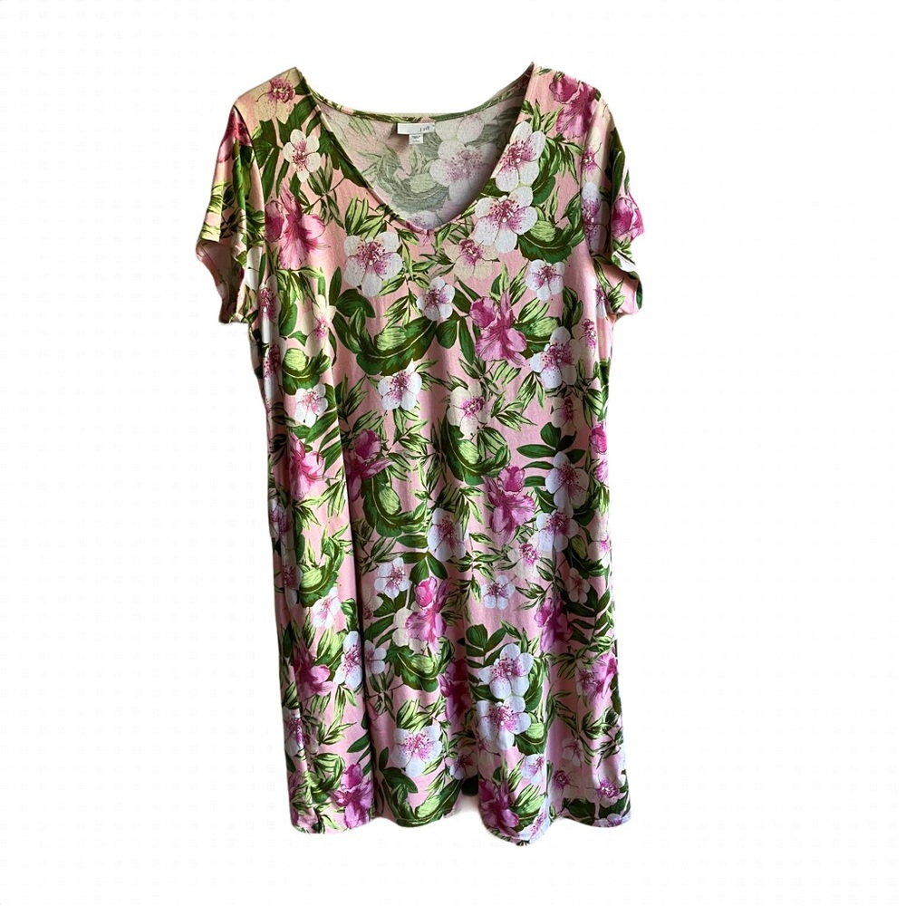 J. Jill Pink Green Floral Print Dress Size L Petite Pockets Short Sleeves Cotton